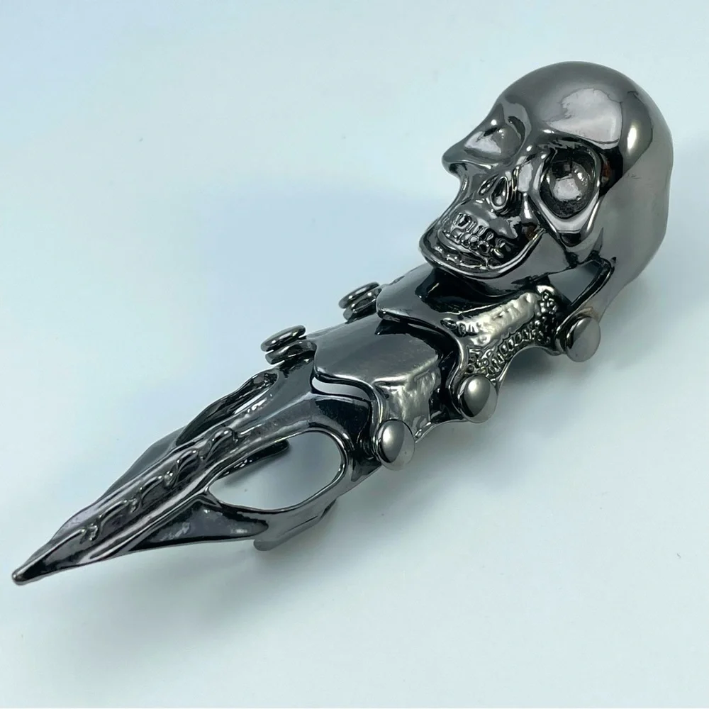 Gothic Statement Armor Jointed Skull Claw Full Finger Ring – Gunmetal